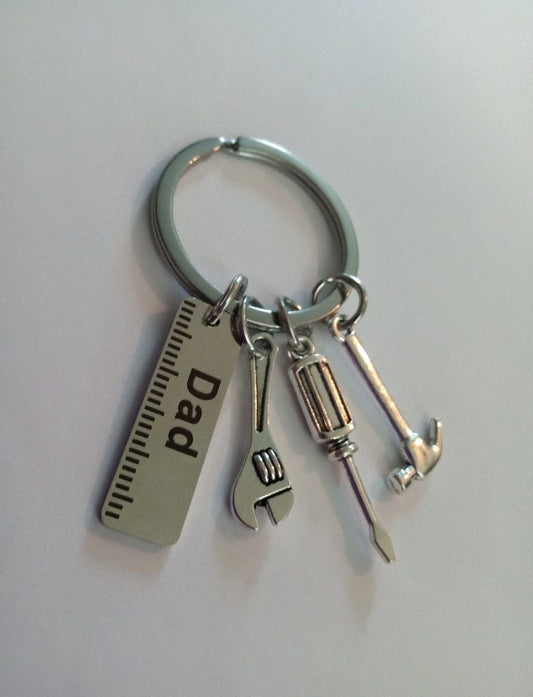 Silver Dad Keyring With Tool Charms ~ Birthday Gift ~ Mechanic ~ Joiner ~ Xmas