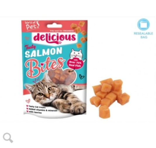 Delicious SALMON BITES Or CHICKEN PILLOWS Tastey Cat Treat - 80G Packs X5