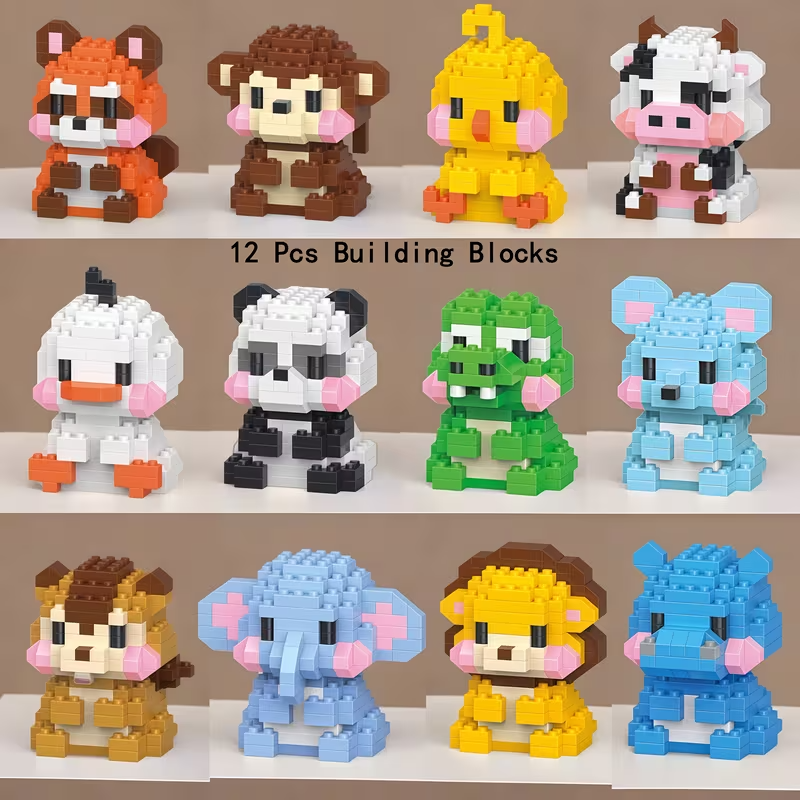 12-Piece Cute Mini Animal Building Blocks Set - Complete 3D Micro Bricks Collect