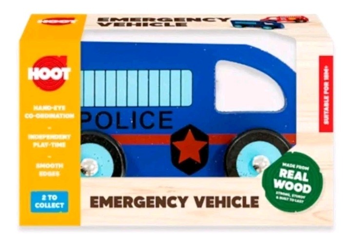 2 x Wooden Emergency Vehicles Fire Truck - Police Car - 36 Months +