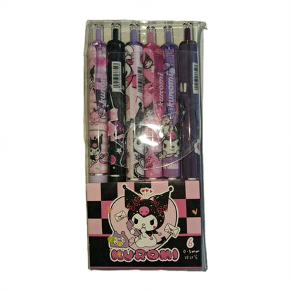 Kuromi Sanrio press pens set black ink 6 pack cute fine nib fast dry retractable
