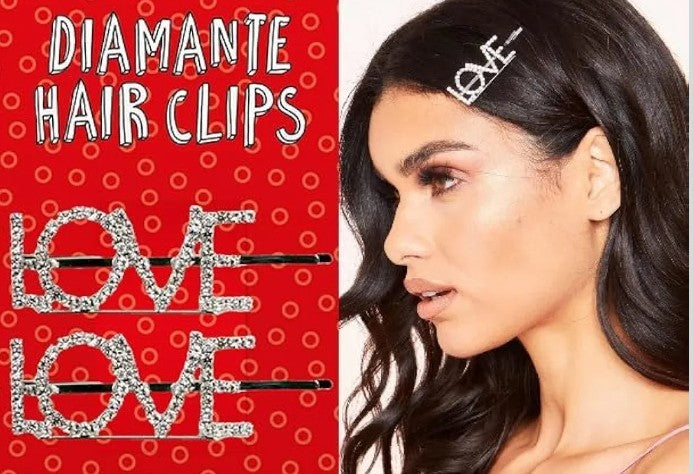 VALENTINES DAY METAL 'LOVE' DIAMANTE HAIR CLIPS 2 PACK