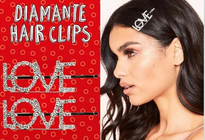 VALENTINES DAY METAL 'LOVE' DIAMANTE HAIR CLIPS 2 PACK