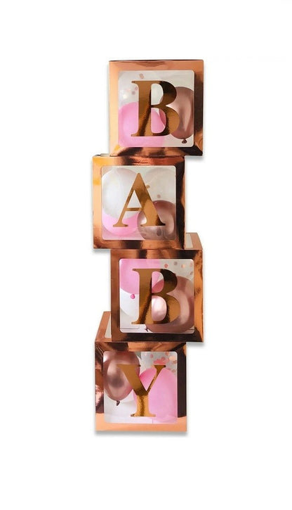 Set Of 4 Rose Gold Baby Balloon Boxes 30cmX30cm - Personalised Your Own Message