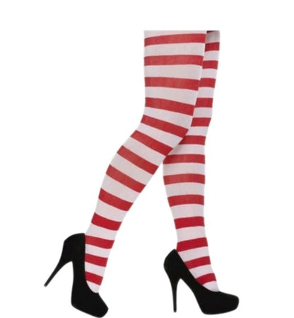 Women's Red & White Christmas Tights  Fancy Dress Costume Accessory