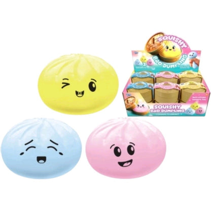 COLOURED SQUISHY BAO DUMPLING IN BAMBOO DUMPLING CASE -SENSORY TOY - STRESS BALL