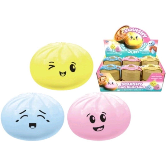 COLOURED SQUISHY BAO DUMPLING IN BAMBOO DUMPLING CASE -SENSORY TOY - STRESS BALL