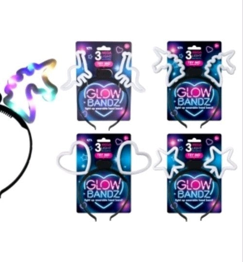 Glow Bands: Dinosaur, Unicorn, Heats, Stars Light Up Headbands - Bundle Set Of 4