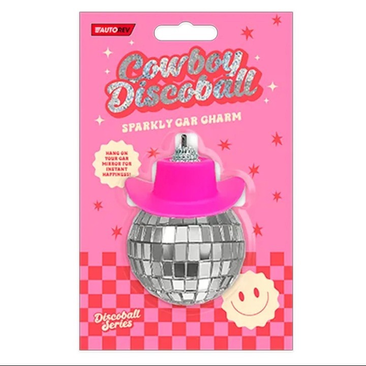 Set Of 2 Mirror Disco Ball With Cowboy Hats Pink/White Hanging Car Decoration
