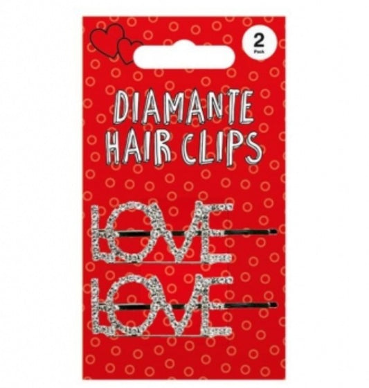 VALENTINES DAY METAL 'LOVE' DIAMANTE HAIR CLIPS 2 PACK