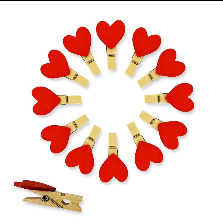 VALENTINES DAY WOODEN HEART PEGS12 PACK