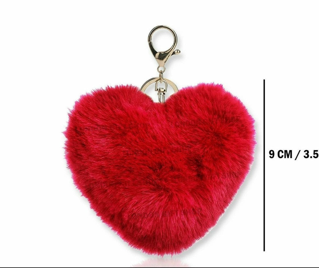 VALENTINE'S HEART KEYCHAIN - RED FAUX FUR POM POM - GIFT FOR HER OR HIM