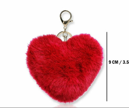 VALENTINE'S HEART KEYCHAIN - RED FAUX FUR POM POM - GIFT FOR HER OR HIM