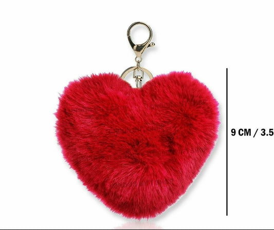 VALENTINE'S HEART KEYCHAIN - RED FAUX FUR POM POM - GIFT FOR HER OR HIM