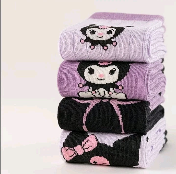 Kuromi Socks 4 Pairs - Hearts, Bows & Plain In Colours Black, Purple, Lilac 30cm