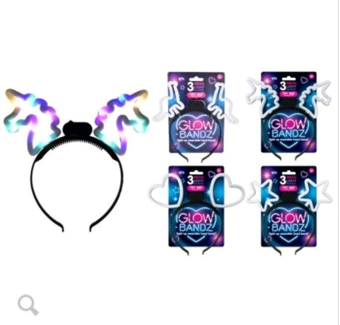Glow Bands: Dinosaur, Unicorn, Heats, Stars Light Up Headbands - Bundle Set Of 4