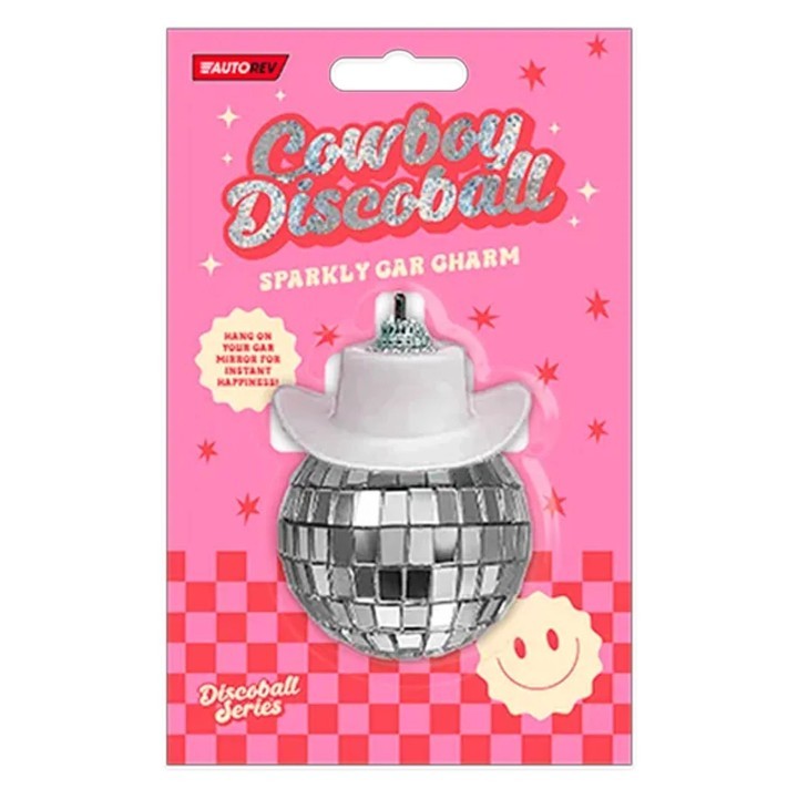 Set Of 2 Mirror Disco Ball With Cowboy Hats Pink/White Hanging Car Decoration