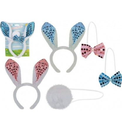 3Pc Sequin Bunny Ears Headband, Bow Tie & Fluffy Tail Costume Set - Easter Fancy