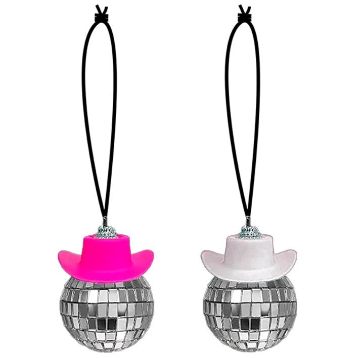Set Of 2 Mirror Disco Ball With Cowboy Hats Pink/White Hanging Car Decoration