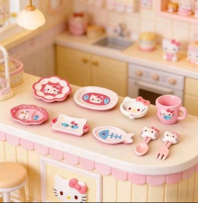 9-Piece 1/12 Scale Dollhouse Miniature Dinner Set – Hello Kitty Kawaii Style