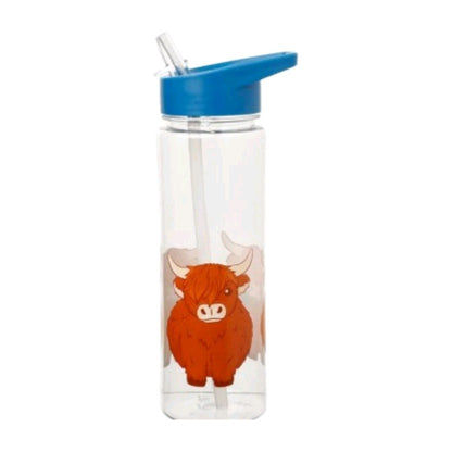 HIGHLAND COW 500ML - PLASTIC WATER DRINKS BOTTLE WITH STRAW 