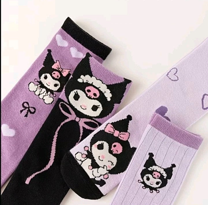 Kuromi Socks 4 Pairs - Hearts, Bows & Plain In Colours Black, Purple, Lilac 30cm