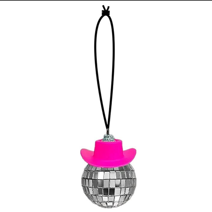 Set Of 2 Mirror Disco Ball With Cowboy Hats Pink/White Hanging Car Decoration