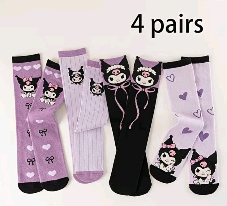 Kuromi Socks 4 Pairs - Hearts, Bows & Plain In Colours Black, Purple, Lilac 30cm