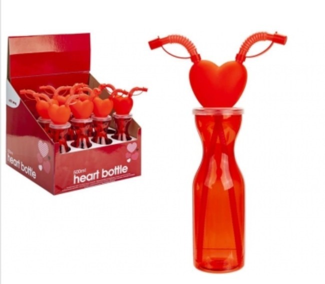 Red Bottle With 2 Flexi Straws and Heart Topper 500ml Valentine's Gift
