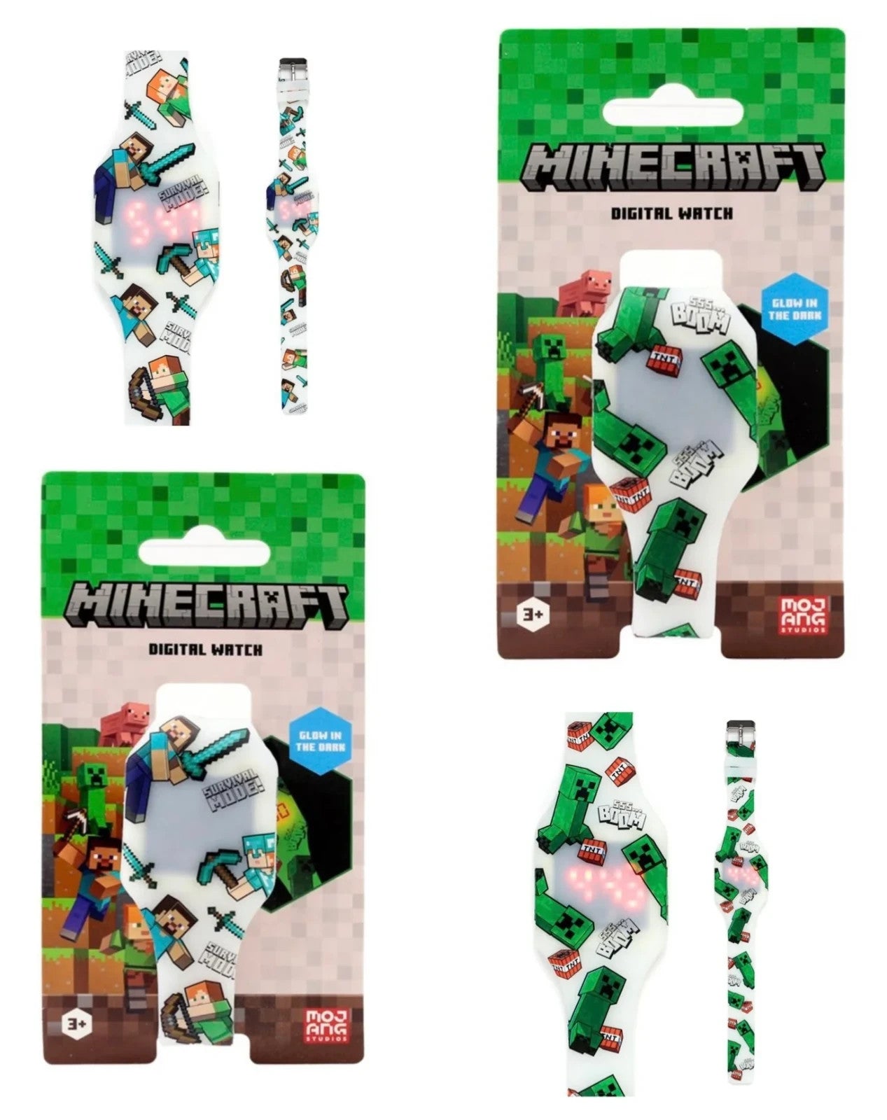 OFFICIAL MINECRAFT GLOW IN THE DARK CHILDRENS SILICONE DIGITAL WRIST WATCH