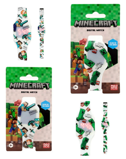 OFFICIAL MINECRAFT GLOW IN THE DARK CHILDRENS SILICONE DIGITAL WRIST WATCH