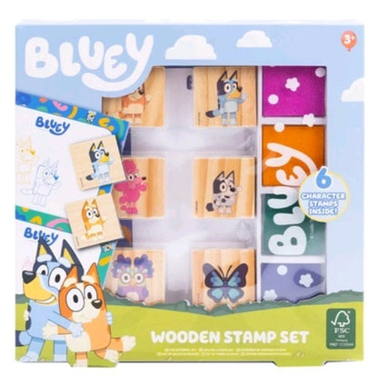 Bluey Wooden Stamp Set Kids Activity Kit with 6 Stamps 4 Ink Pads & Paper NEW