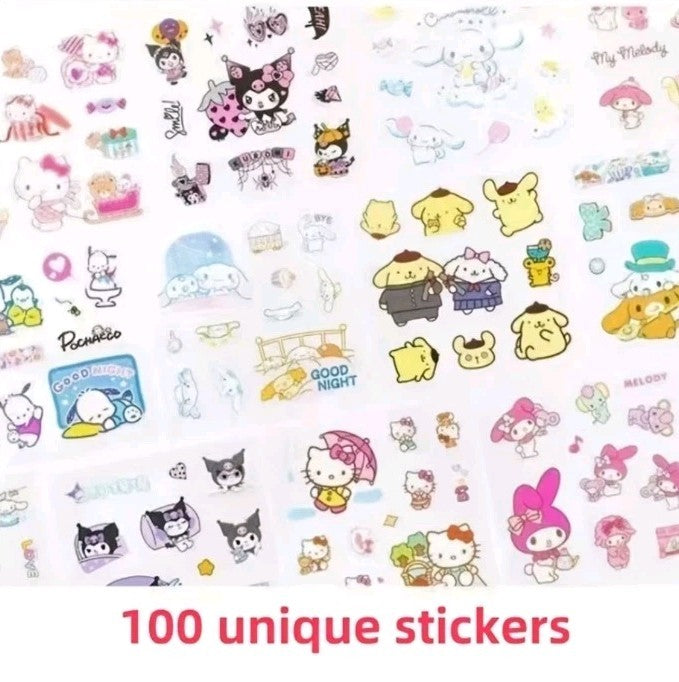 Sanrio Sticker Gift Set 100 Sheets Kawaii Cute Scrapbooking Kuromi Cinnamoroll