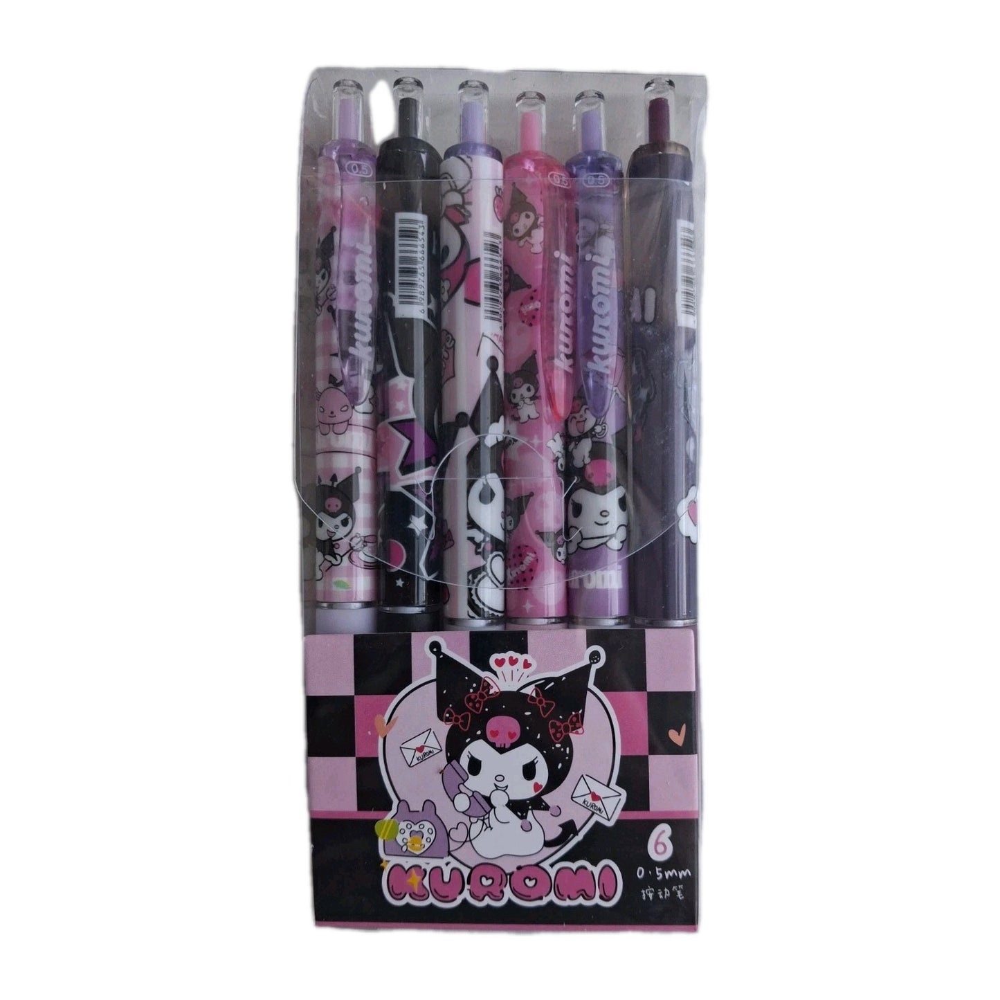 Kuromi Sanrio press pens set black ink 6 pack cute fine nib fast dry retractable