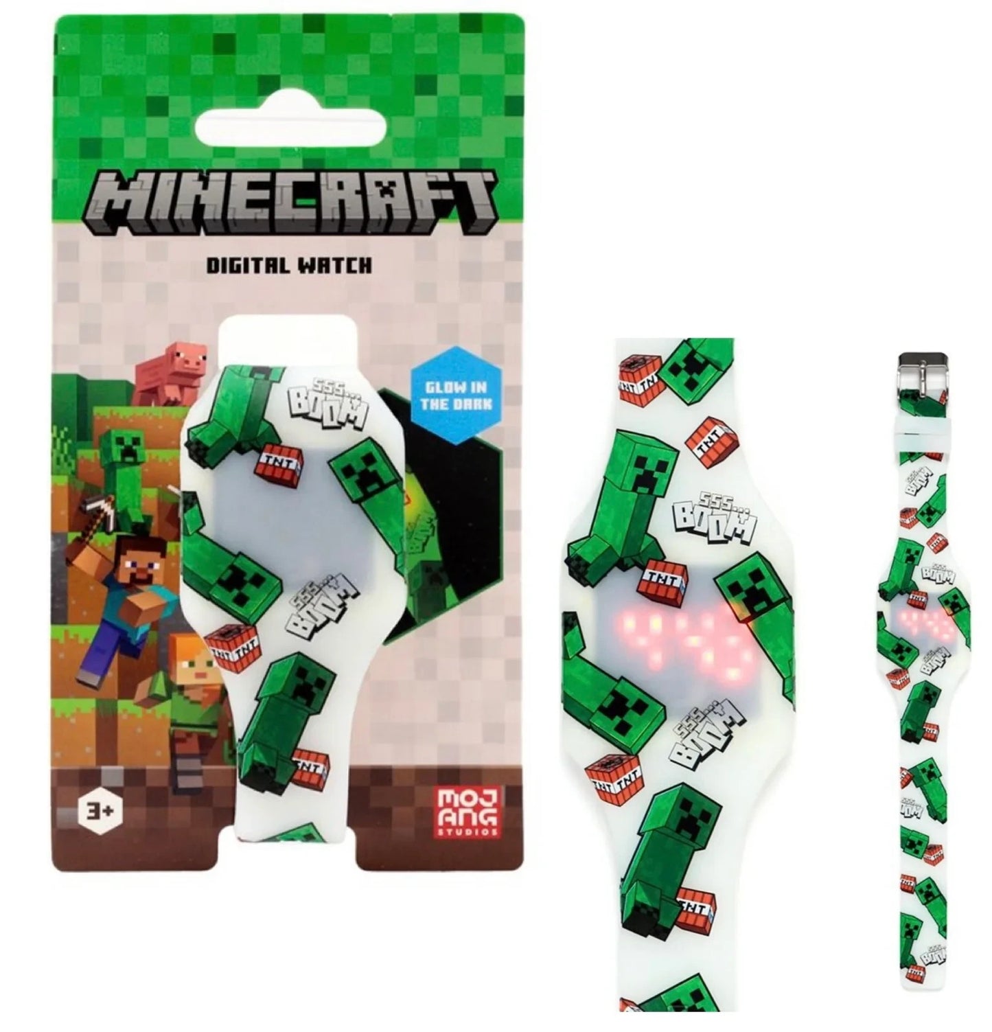 OFFICIAL MINECRAFT GLOW IN THE DARK CHILDRENS SILICONE DIGITAL WRIST WATCH
