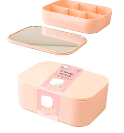 X1 Rectangle Mirror with Storage Box - 6 Compartment Pink Cosmetic Organiser