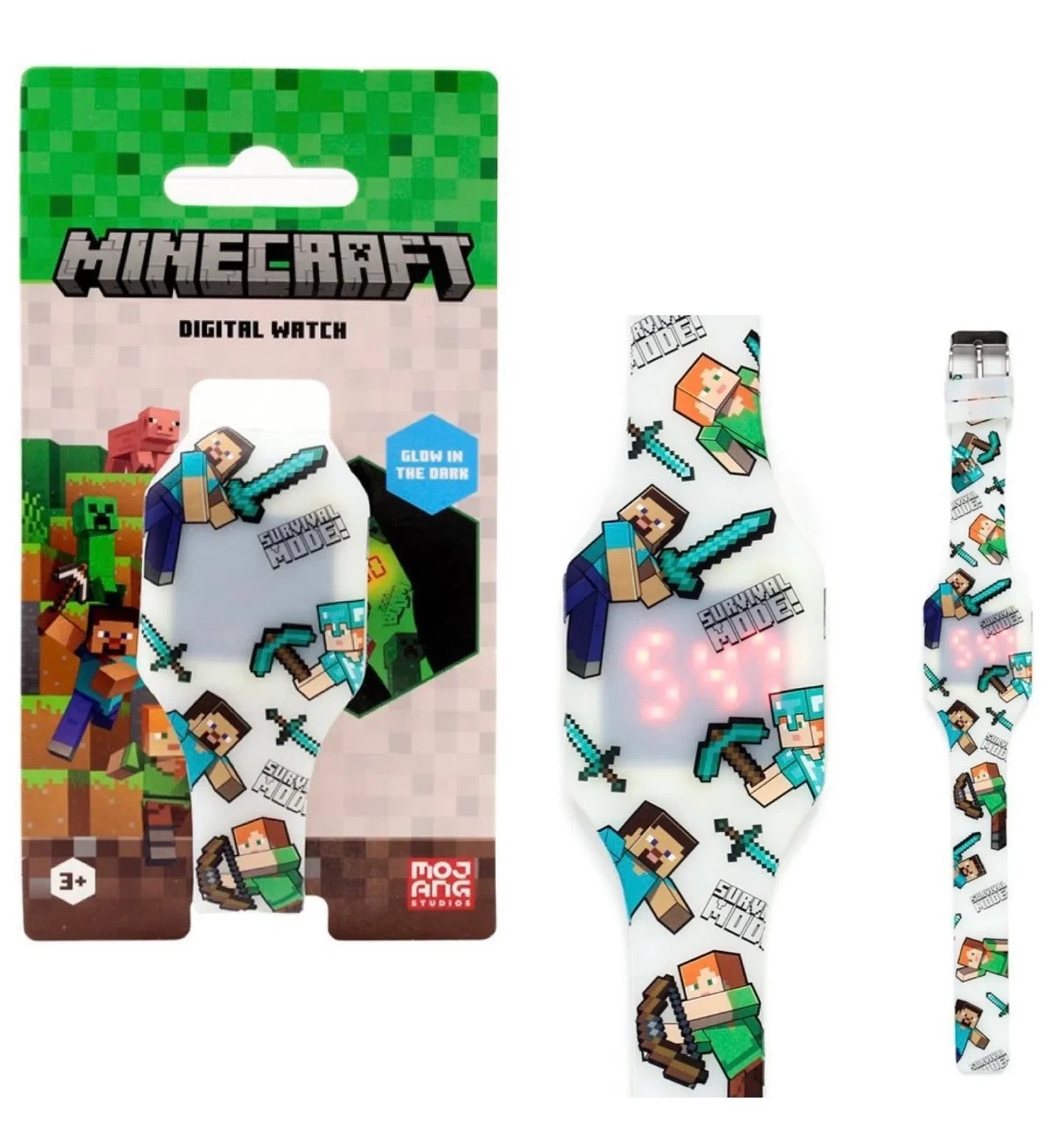 OFFICIAL MINECRAFT GLOW IN THE DARK CHILDRENS SILICONE DIGITAL WRIST WATCH