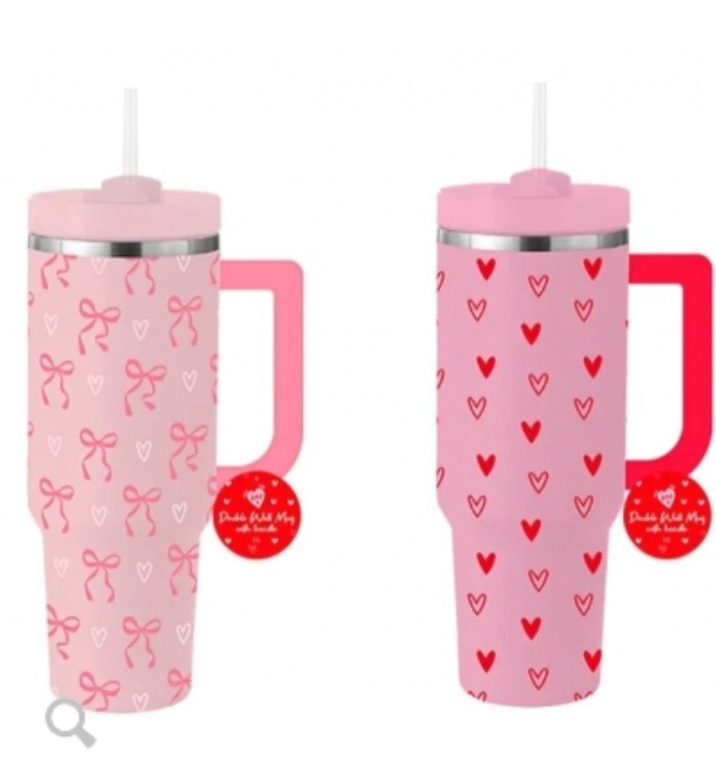 Valentine's 1L Double Wall Insulated Mug with Handle & Straw 