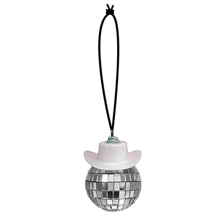 Set Of 2 Mirror Disco Ball With Cowboy Hats Pink/White Hanging Car Decoration