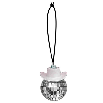 Set Of 2 Mirror Disco Ball With Cowboy Hats Pink/White Hanging Car Decoration