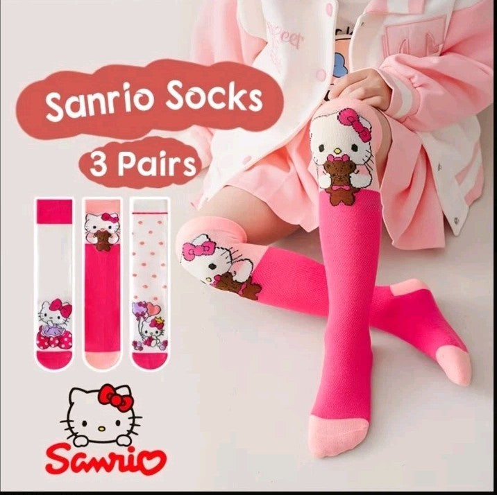 Cute Hello Kitty High Calf Party Socks for Girls 3-Pair Gift Set