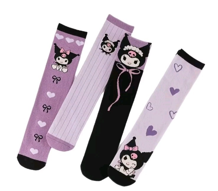 Kuromi Socks 4 Pairs - Hearts, Bows & Plain In Colours Black, Purple, Lilac 30cm