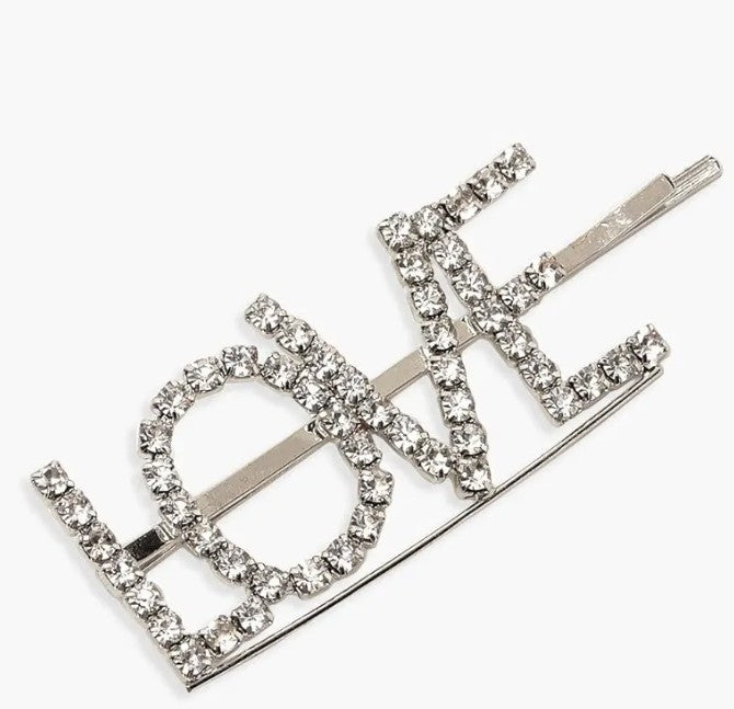 VALENTINES DAY METAL 'LOVE' DIAMANTE HAIR CLIPS 2 PACK