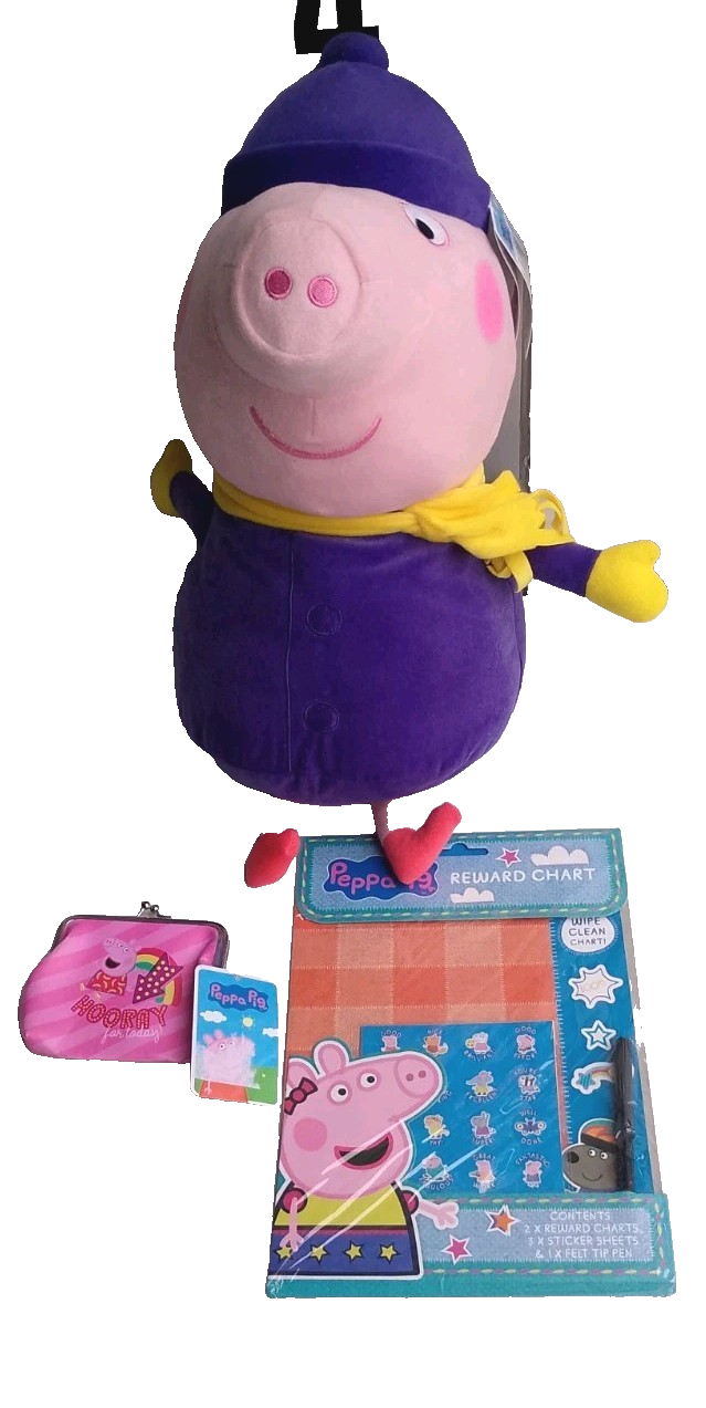 Kids Peppa Pig Bundle - 50cm George Winter Plushie - Coin Purse - Reward Chart  