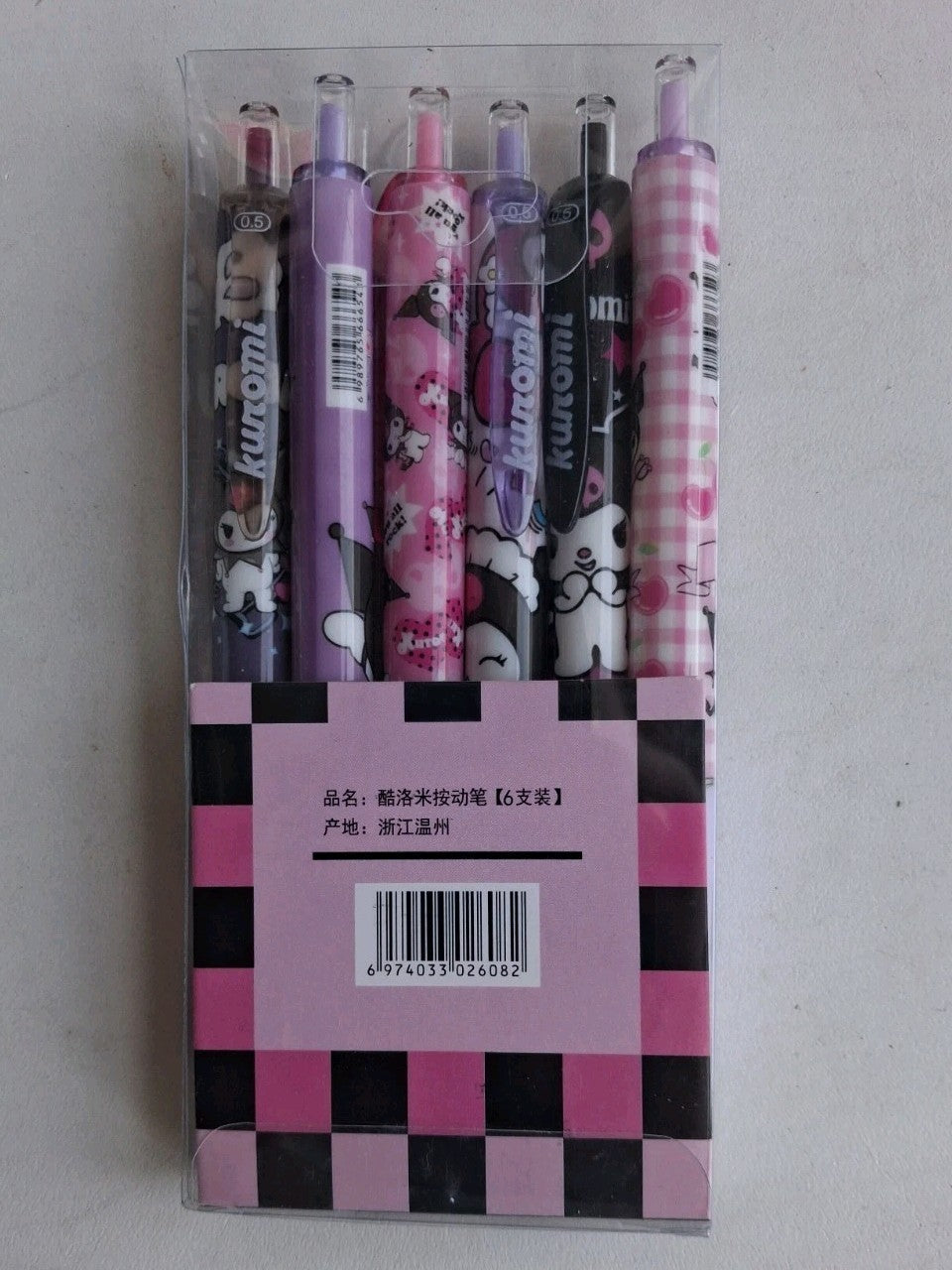 Kuromi Sanrio press pens set black ink 6 pack cute fine nib fast dry retractable