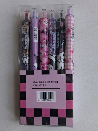 Kuromi Sanrio press pens set black ink 6 pack cute fine nib fast dry retractable