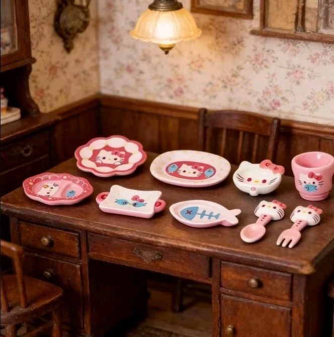 9-Piece 1/12 Scale Dollhouse Miniature Dinner Set – Hello Kitty Kawaii Style