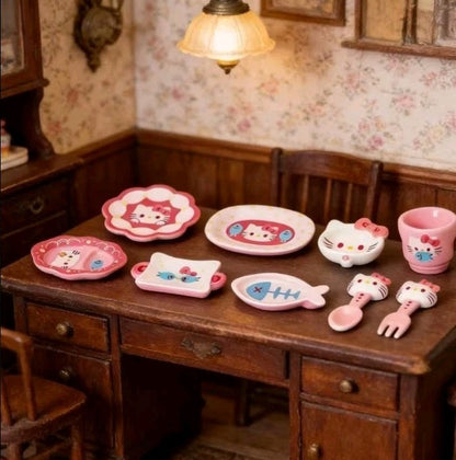 9-Piece 1/12 Scale Dollhouse Miniature Dinner Set – Hello Kitty Kawaii Style
