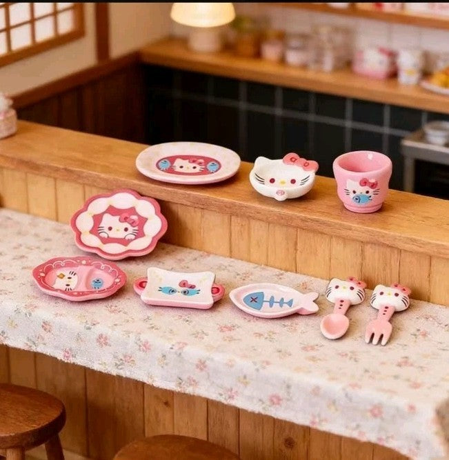 9-Piece 1/12 Scale Dollhouse Miniature Dinner Set – Hello Kitty Kawaii Style