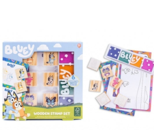 Bluey Wooden Stamp Set Kids Activity Kit with 6 Stamps 4 Ink Pads & Paper NEW